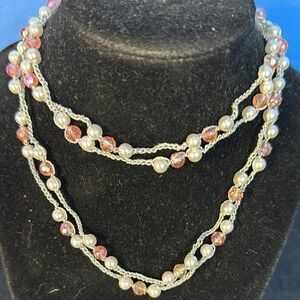 Handmade Pearl & Pink Bead Necklace Silver Thread Continuous Strand Boho Jewelry